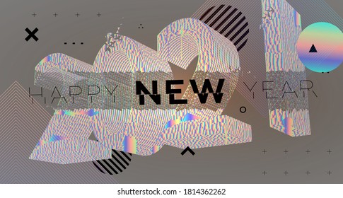 2021 New Year number for holiday concept modern design with geometric 3d elements and 80s memphis bright style. Christmas techno party art with abstract shapes. Vector illustration