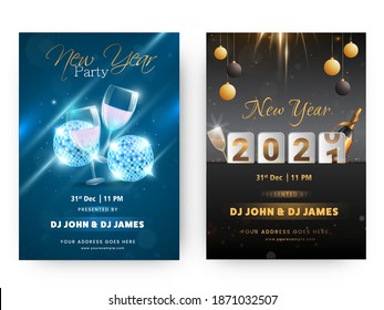 2021 New Year Party Flyer Or Template Design In Blue And Black Color Options.