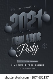 2021 New Year Party Invitation or Flyer Design with Hanging Baubles and Snowflakes on Grey Zig Zag Pattern Background.