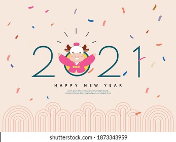 2021 New Year Poster in an asian traditional background. A white ox is greeting happily. 