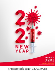 2021 nuevo año patrón de afiche y banner con símbolo de 2021 de la célula de virus y jeringa de vacuna covid-19. El concepto de brote del virus COVID-19 Corona y riesgo de salud pandémico para 2021.