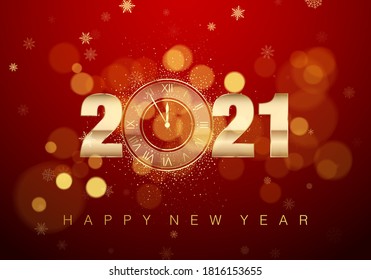 2021 New Year Poster with Greeting Text. Golden Clock instead of zero. Holiday midnight countdown in Red Colors. Vector illustration