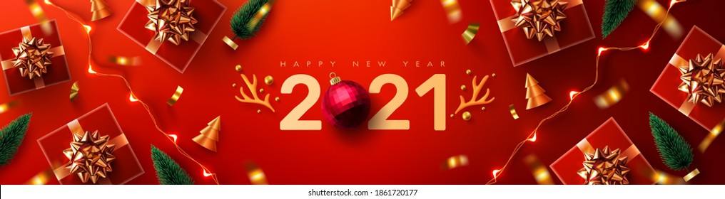 2021 New Year Promotion Poster or banner with red gift box,christmas element and LED String lights for Retail,Shopping or Christmas Promotion.New year 2021 Symbol with red ball ornaments.