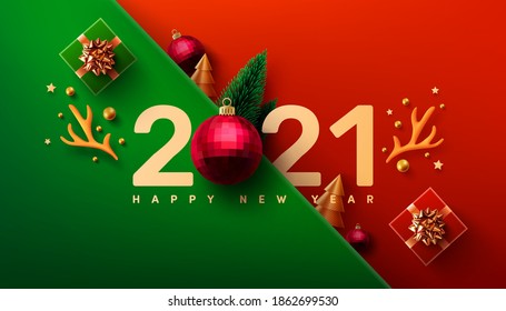 2021 New Year Promotion Poster or banner with gift box and christmas element for Retail,Shopping or Christmas Promotion.New year 2021 Symbol with red ball ornaments.vector illustration eps 10