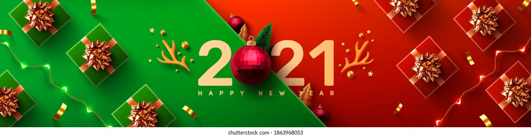 2021 New Year Promotion Poster or banner with gift box and christmas element for Retail,Shopping or Christmas Promotion.New year 2021 Symbol with red ball ornaments.vector illustration eps 10