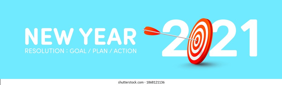 2021 New Year Resolution banner with red archery target and arrows archer.Goals,Plans and Action for new year 2021 concept.Vector illustration eps 10