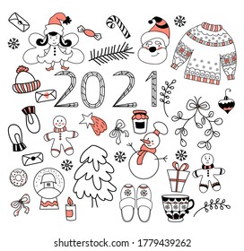 Neujahr 2021 Neue Jahr Reihe süßer Doodles. Feiertagsartikel - Schneemann und Baum, Weihnachtsmann und Fee, Mann Kekse und Weihnachtsstern, Hausschuhe und Partypulli. Für festliche Dekoration. Alle Elemente sind