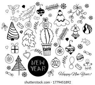 2021 new year set. New year set of cute doodles. Holiday items - Christmas tree and ball toys, Gingerbread man and Christmas star, cactus and bell. For festive decor. Vector outline 