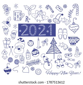 2021 new year set. Cute doodles. New Year drawings - a snowman and a tree, Santa and a fairy, a gingerbread man and a Christmas star, an envelope and candles, a donut and a candy cane. Vector