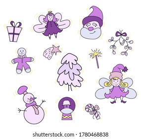 2021 new year set. New Years heroes and magic - Santa, a fairy and a sorcerer, a snowman and a Christmas star, a gift and a house in a ball. Vector purple doodles for new year design