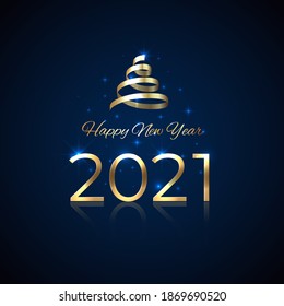 2021 New Year. Shiny golden 2021 with ribbon on blue background. Shiny gold logo. Holiday greeting card. Party event decoration. New Year design for invitation, greeting card, calendar, vector