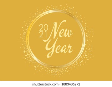 2021 New Year shiny golden background round frame vector. 2021 New Year sign on a golden festive background. Happy New Year 2021 gold greeting card vector