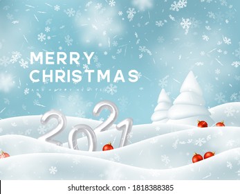 2021 New Year sign. 3d metallic numbers, falling snowflakes with snowdrifts, fir tree and decorative red balls. Winter snowy and Christmas background. Vector illustration.