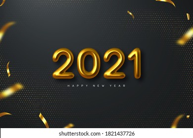 2021 New Year sign. 3d metallic golden numbers on black background. Gold realistic 2021. Vector illustration.