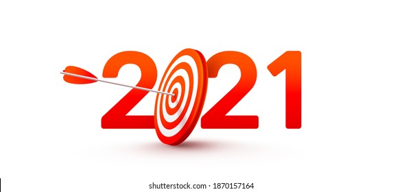 2021 New Year Target and Goals with Symbol of 2021 from red archery target,arrows archer and number on white background.Resolution and target for new year 2021 concept.Vector illustration eps 10