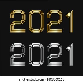 Año nuevo 2021. Dos mil cartel de celebración de veintiún. Logotipos dorados y plateados con diseño de números originales. Líneas elegantes en un vector de fondo negro.