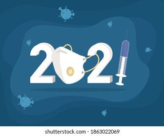 2021 Neujahr Vektorhintergrund mit COVID-19 Corona Virus, Konfetti, weiße Zahlen. Virusvektoren N95 Maske Impfstoff Injektionsdesign-Vorlage. Neujahr-Poster Jahr zur Bekämpfung der Corona-Virus-Pandemie