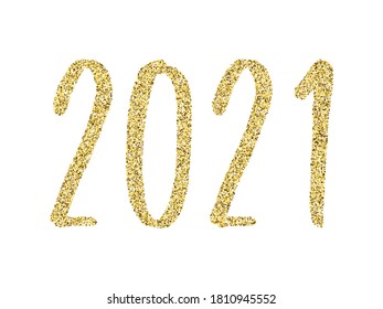 2021 New Year vector greeting card. Confetti particles font calligraphy. Happy New Year wishes, 2021 of small gold confetti elements. Premium banner.