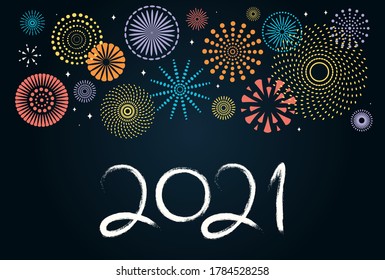 2021 New Year vector illustration with fireworks, hand written calligraphy, bright, colorful on dark background. Design concept for Chinese New Year holiday card, banner, poster, decor element.