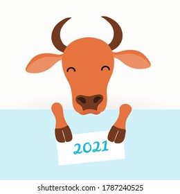 2021 New Year vector illustration with cute cartoon ox, face and legs, holding a card with 2021 text, on white. Flat style design. Concept for holiday card, banner, poster, decor element.