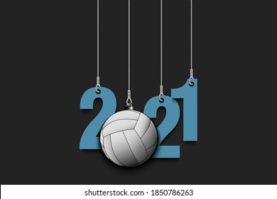 2021 New Year and volleyball ball as a Christmas decorations hanging on strings. 2021 hang on cords on an isolated background. Design pattern for greeting card. Vector illustration