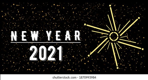 2021 Neujahr Website-Header, Banner, Poster, Plakat, Plakat, Grußkartendesign. Urlaubsposter. Abstraktes, flaches Neujahrshintergrund, goldenes Feuerwerk. Horizontale Zusammensetzung. Vektorgrafik.