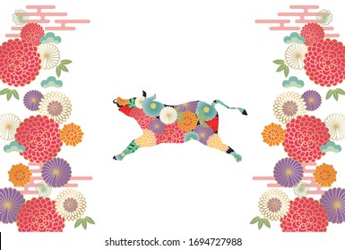 2021 New Year's card design, cow silhouette, floral pattern