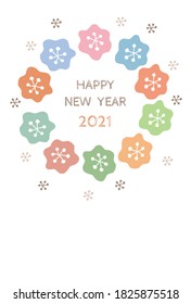 2021 New Year's card of a fashionable Scandinavian flower wreath handwritten in gentle colors