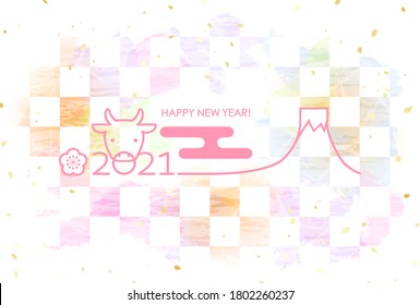 2021 New Year's card in Japan.
Zodiac cows and Mt. Fuji against a checkered background with pastel gradation