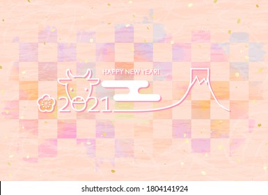 2021 New Year's card in Japan.
Zodiac cows and Mt. Fuji against a checkered background with pastel gradation