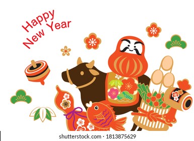 2021 New Year's card for Japanese cows and Daruma dolls.