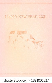 2021 New Year's card line art of cow and pink Japanese paper -Translation: Ox