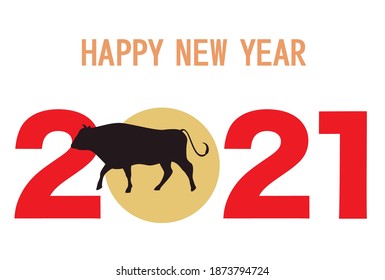 2021 New Year's card. Year of the Ox in 2021-Black silhouette Japanese cattle.	
