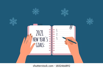 2021 New Years Goals And Resolutions. Hands Holding Pen And Writing On The Notebook. Vector