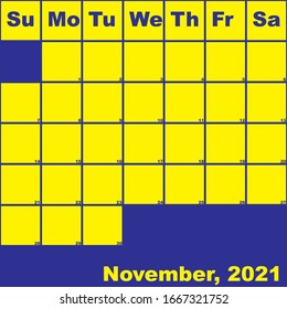 2021 November yellow on blue planner calendar with huge space for notes