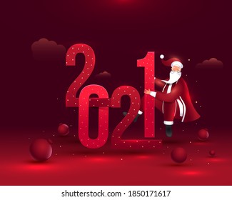 2021 Number With Cartoon Santa Claus And 3D Baubles On Gradient Red Background For Merry Christmas & New Year.
