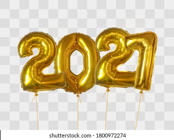 2021 un número de globos enrollados de oro aislados en un fondo transparente. Feliz año nuevo 2021. Ilustración vectorial 3d realista