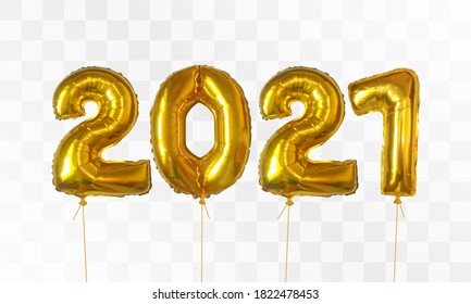 2021 number of gold foiled balloons isolated on transparent background. Happy new year 2021 holiday. Realistic 3d vector illustration