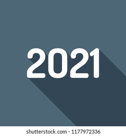 2021 number icon. Happy New Year. White flat icon with long shadow on background