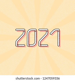 2021 number icon. Happy New Year. Vintage retro typography with offset printing effect. Dots poster with comics pop art background