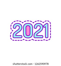 2021 number icon. Happy New Year. Colored sketch with dotted border on white background