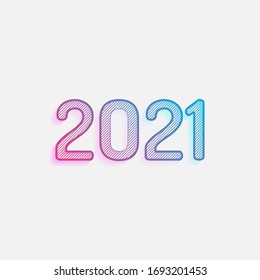 2021 number icon. Happy New Year. Colored logo with diagonal lines and blue-red gradient. Neon graphic, light effect