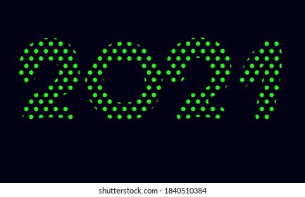 2021 number in light green neon dots, circles in cartoon style. Hand drawn vector illustration