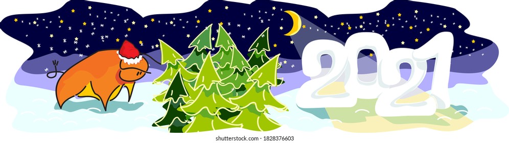 2021 number new year bull vector illustration Christmas trees