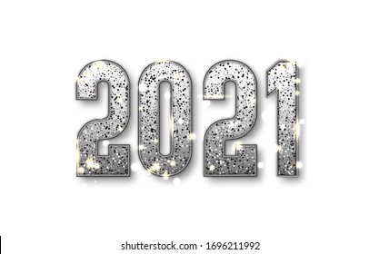2021 número de brillo plateado aislado en fondo blanco. Diseño de plata brillante elemento para tarjetas de felicitación, banner de Navidad, celebración de fiestas, afiche decorativo, calendario Ilustración vectorial.