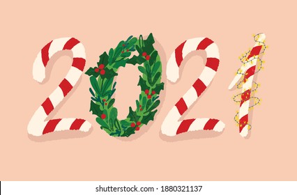 2021 number vector design. Happy New Year logo illustration. Cartoon hand drawn design for  banner, cover card, brochure, flyer, layout design. Candy cane, wreath and lights