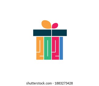  2021 number vector design. Vector illustration for new year shaped as gift box.