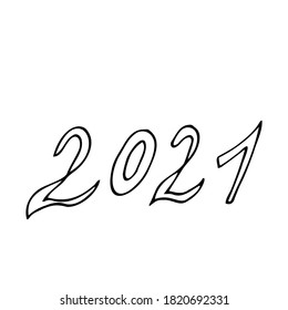 2021. Números en líneas negras sobre fondo blanco. Dibujo manual. Números de año nuevo.