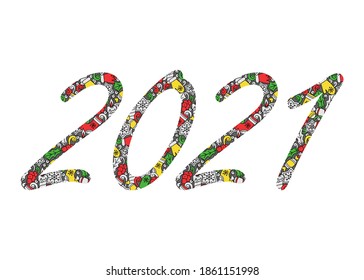 2021 numbers. Black and white Hand drawn vector illustration. Design for seasonal holidays, Christmas and happy new year