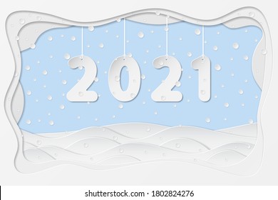 2021 numbers hanging on rope, in paper art cut style with winter landscape, snowflake, snowdrift, stock vector illustration clipart design element with white frame background for calendar, cover, card